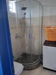 a shower with a glass door in a bathroom at IZS MAURICE in Trou aux Biches