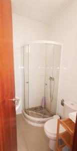 a bathroom with a shower with a toilet and a sink at Miras Guest House in Praia