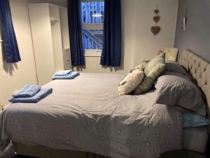 una camera da letto con letto, cuscini e finestra di Lawn View Apartment a Dawlish