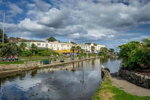 a river with buildings and ducks in the water at Lawn View Apartment in Dawlish