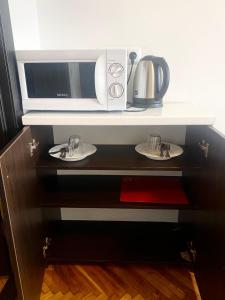 une étagère de cuisine avec un four micro-ondes et deux plats dans l'établissement Дешеві кімнати біля парку, à Ivano-Frankivsk