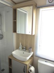 a bathroom with a sink and a toilet and a mirror at Kingfisher Windermere 6 Berth, Enclosed veranda, Close to site shop in Ingoldmells