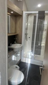 a bathroom with a shower and a toilet and a sink at Pet Friendly 2-Bed Lodge near Preston & Blackpool in Preston