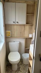 a small bathroom with a toilet and a sink at Immaculate 3-Bed Lodge in Out Rawcliffe in Great Eccleston