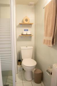 a small bathroom with a toilet and a towel at Cozy apartment in the best part of Pagkrati in Athens