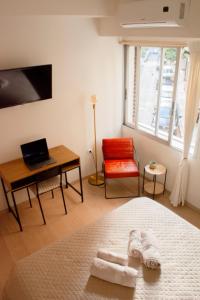 um quarto com uma cama, uma secretária e uma cadeira em Cozy apartment in the best part of Pagkrati em Atenas