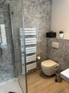 a bathroom with a toilet and a shower at Weinburg -Das Ferienhaus in Cochem +81 photos