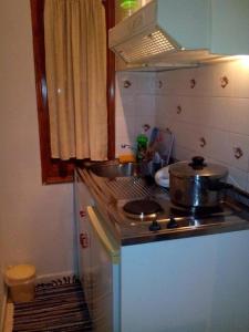 a kitchen with a stove with a pot on it at Irida Maria in Agios Ioannis Pelio