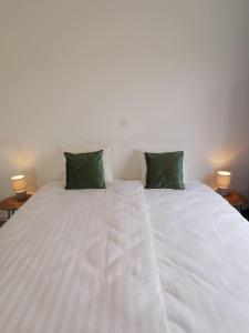 un letto bianco con due cuscini verdi di Ten Velde a Hoeselt