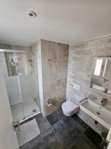 La salle de bains est pourvue d'une douche, de toilettes et d'un lavabo. dans l'établissement Walking steps from Lake Geneva, à Lutry