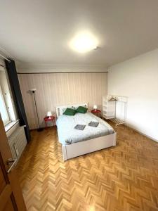 Un dormitorio con una cama con almohadas verdes. en Maison entière/ Entire house with privat 3 Parking, en Kayl