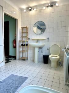 a bathroom with a sink and a toilet and a mirror at Maison entière/ Entire house with privat 3 Parking in Kayl