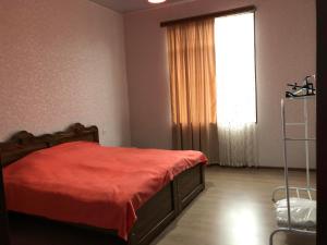 - une chambre avec un lit doté d'une couverture rouge et d'une fenêtre dans l'établissement Guest house, à Zugdidi