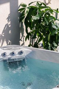 a water fountain in a bath tub with a plant at RIRIKA Beach Living, New Feel-at-Home Luxury Suites in Plakias