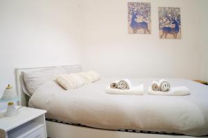 um quarto com uma cama branca e 2 almofadas em Casa Maja - Sant'Eufemia a Maiella em SantʼEufemia a Maiella