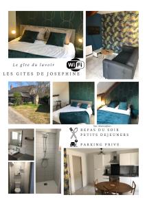 CourbouzonにあるLe gîte du Lavoir - Les gîtes de joséphineのベッドルームとベッドのコラージュ