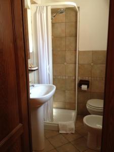 een badkamer met een douche, een wastafel en een toilet bij Casa Vacanze Sotto l'Arco in Barete