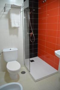 a bathroom with a shower with a toilet and a sink at Loop INN Hostel Santiago de Compostela in Santiago de Compostela