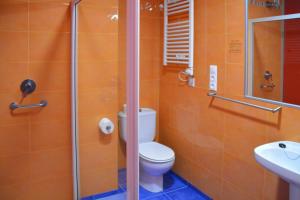 a bathroom with a toilet and a shower and a sink at Loop INN Hostel Santiago de Compostela in Santiago de Compostela