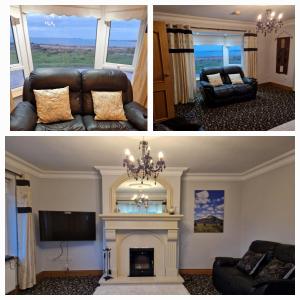 a living room with a couch and a fireplace at Radharc Na Mara in Letterkenny