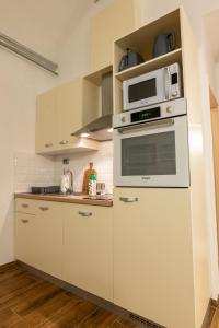 a kitchen with a white oven and a microwave at Little Vienna Silver Apartment in Varaždin