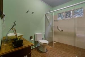 een badkamer met een douche, een toilet en een wastafel bij Pousada Famiglia Bartho in Espirito Santo Do Pinhal