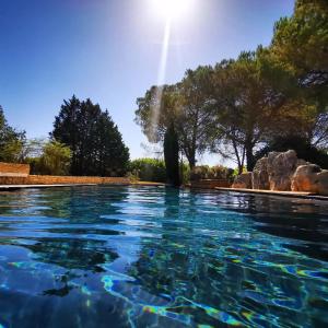 uma piscina com água azul e árvores em Les chambres du Presbytère em Montagudet