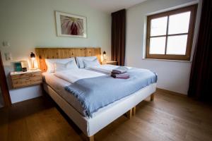 1 dormitorio con 1 cama grande con manta azul en Schneckenhaus Dachstein West en Russbach am Pass Gschütt