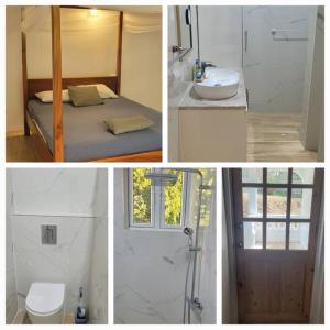 un collage de fotos de un baño con cama y ducha en 3 master bedrooms All-in-one, en Roseau