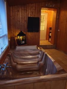 Stóraborg Guesthouse في Grímsnes og Grafningshreppur: حوض استحمام في غرفة مع تلفزيون وتلفزيون
