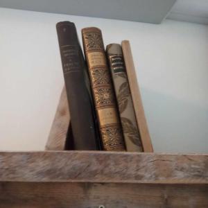 a group of four books sitting on a shelf at Hangulatos kis lakás a belvároshoz közel in Szeged