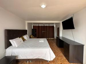 a bedroom with a bed and a flat screen tv at Hotel Ñuñurco Travellers in Chachapoyas