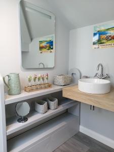 een badkamer met een wastafel en een spiegel bij Englefield Guesthouse in Goathland