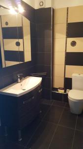 a bathroom with a sink and a toilet and a mirror at Blue Sea Horizon in Iraklitsa +24 photos