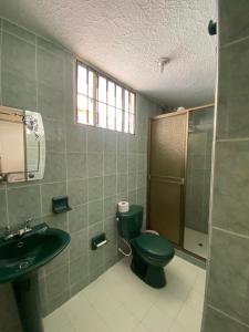 uma casa de banho com um WC verde e um lavatório em Apartaestudio la vaca em La Trinidad