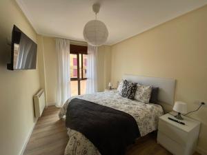 ein Schlafzimmer mit einem Bett und einer Hängeleuchte in der Unterkunft Apartamento Cueto II in Soto del Barco
