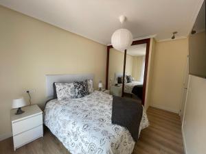 ein Schlafzimmer mit einem großen Bett und einem Spiegel in der Unterkunft Apartamento Cueto II in Soto del Barco
