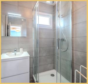 uma casa de banho com um chuveiro e um lavatório. em Appart T2 Elegant St Julien em Saint-Julien-en-Genevois
