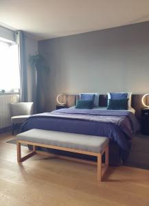 a bedroom with a large bed with a bench next to it at Studio independant Non Fumeur 38m2 calme, confort in Béziers