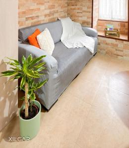 uma sala de estar com um sofá e um vaso de plantas em Casa VeiraMar em Póvoa do Caraminhal