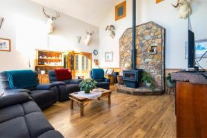 a living room with couches and a stone fireplace at Mt Hutts Closest Accom in Mount Hutt