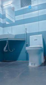 bagno con servizi igienici bianchi e parete blu di ANGELSNESTMOUNTAINVIEW a Chegāt