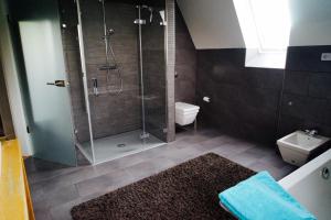a bathroom with a shower with a toilet and a sink at Ferienhaus Celeste in Warnemünde