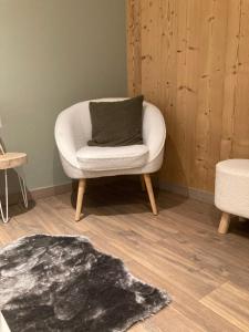 - un salon avec une chaise et un oreiller dans l'établissement Renovated flat facing Mont Blanc, à Combloux