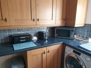 a kitchen counter with a washer and a microwave at Cosy Pembrokeshire Home in Pembrokeshire