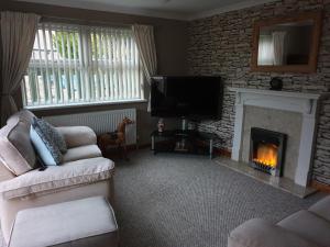 a living room with a couch and a fireplace at Cosy Pembrokeshire Home in Pembrokeshire