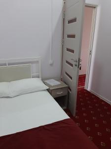 a small room with a bed and a door at Hotel Erebuni Plaza in Yerevan