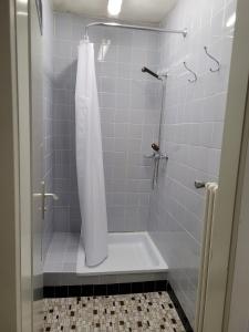 ducha con bañera y cortina de ducha en Casa Mia Goms, en Reckingen - Gluringen