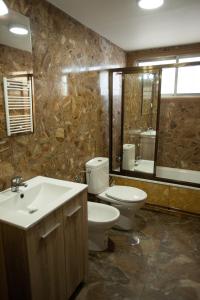 Un baño con inodoro, lavabo y espejo. en BAIONA PRIMERA LINEA PLAYA 6 HUESPED CON GARAJE, en Baiona 16 fotos más