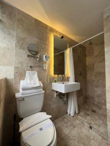a bathroom with a toilet and a sink at Suites Havre in Mexico City +66 photos